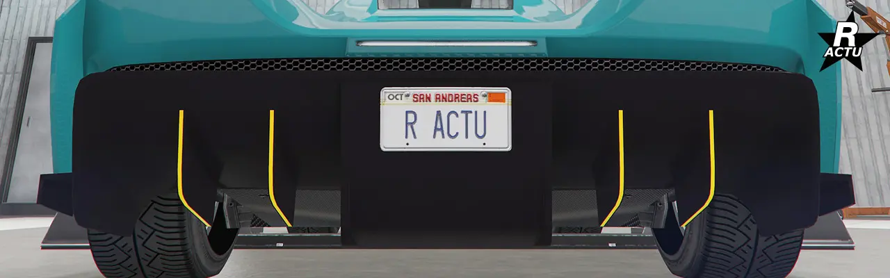 Double ailettes couleur secondaire de chaque côté du diffuseur de course sous le pare-chocs arrière du véhicule.