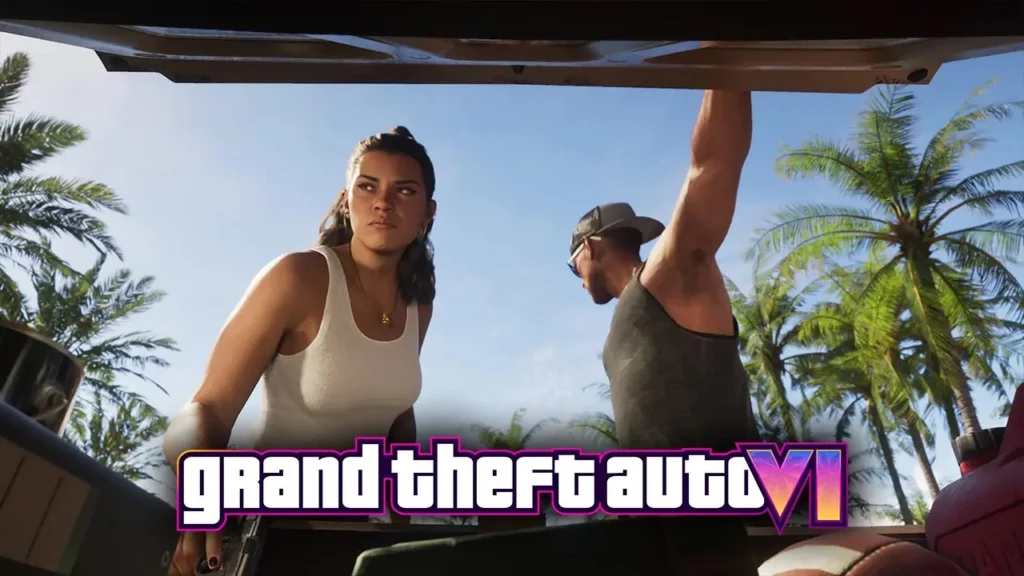 Image d'illustration pour un article à propos de nouvelles infos sur GTA VI. Sur l'image se trouve Lucia et Jason, les deux personnages jouables de GTA 6, récupérant des affaires dans le coffre d'une voiture. Le logo "Grand Theft Auto VI" est également présent en bas de l'image.