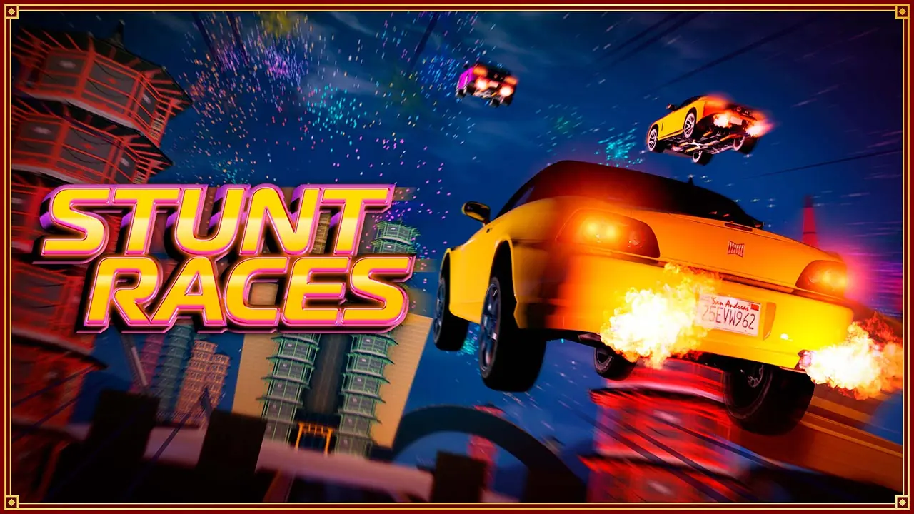 Une voiture japonaise jaune réalisant un jump en activant sa nitro dans une course casse-cou du nouvel an lunaire dans le jeu vidéo GTA Online.