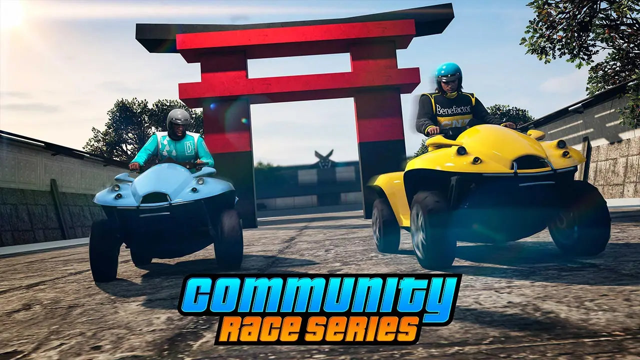 Deux quads Nagasaki Blazer aqua dans la course communautaire "Castle Town II" avec en arrière plan, une grande porte japonaise rouge.