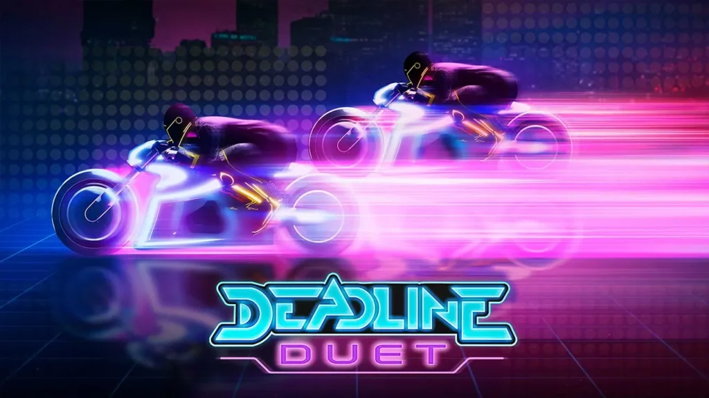 Deux motos Shotaro laissant derrière elles une traînée lumineuse dans le mode rivalité de la Saint Valentin "Retour à la ligne en duo"