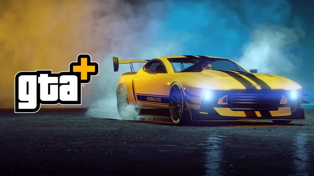 Bannière d'articles des avantages GTA+ de février 2026 où la voiture Dewbauchee Champion apparaît de couleur jaune sur l'image et qui est la voiture gratuite pour les membres premium de GTA Online pour ce mois.