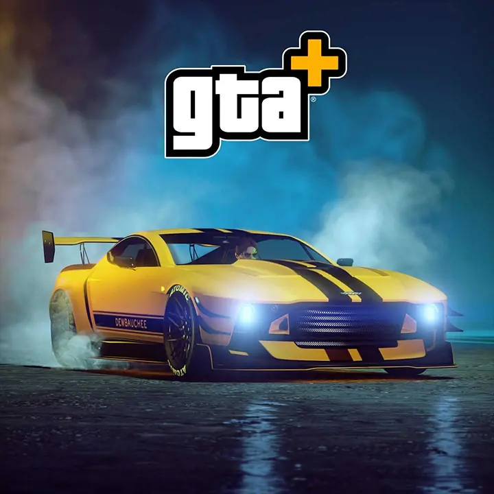 Bannière d'articles des avantages GTA+ de février 2026 où la voiture Dewbauchee Champion apparaît de couleur jaune sur l'image et qui est la voiture gratuite pour les membres premium de GTA Online pour ce mois.