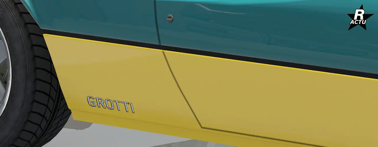 Vue rapprochée au niveau du bas de caisse de l'Itali classique où le logo chromé du constructeur "Grotti" est présent.