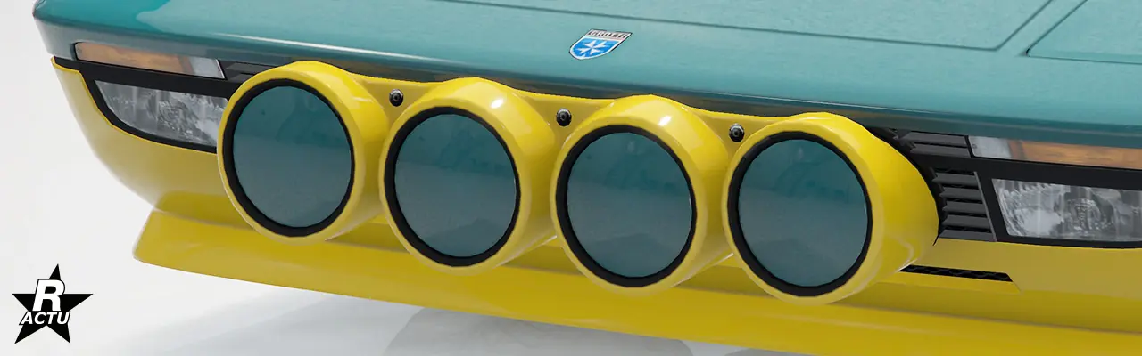 Quatre phares de rallyes fixés en arc sur la calandre, les phares couleur secondaire sont recouvert par un cache couleur principale.