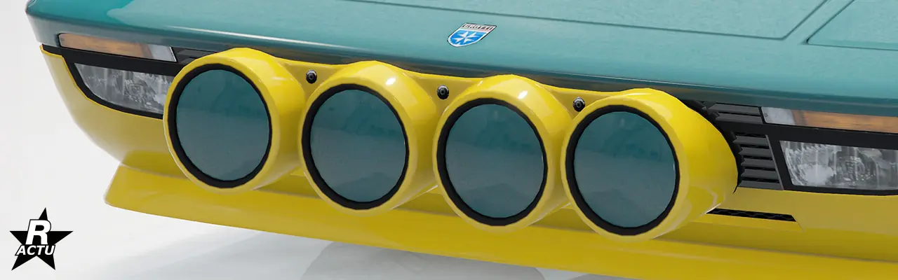 Quatre phares de rallyes fixés en ligne sur la calandre avant. Les blocs de ces phares sont peints dans la couleur secondaire et sont recouvert par un cache couleur principale.