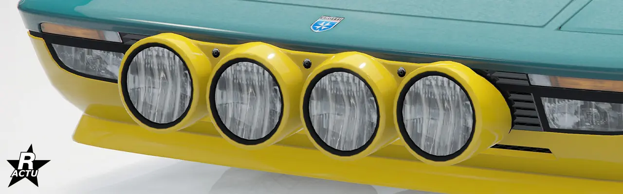Quatre phares de rallyes peints dans la couleur secondaire sont fixés en arc sur la calandre.