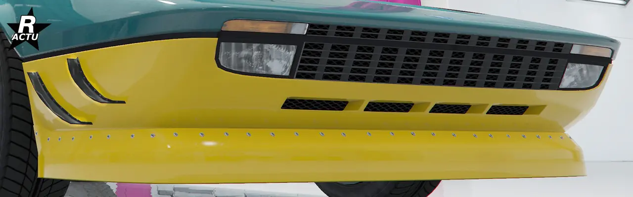 Séparateur étendu couleur secondaire visé sous le pare-chocs avant et double moustaches aérodynamiques sur le côtés du pare-chocs.