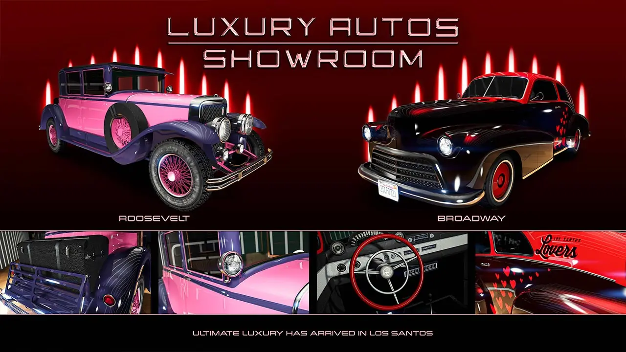 Image des voitures Albany Roosevelt et Classique Broadway exposées dans le showroom Luxury Autos cette semaine dans GTA Online.