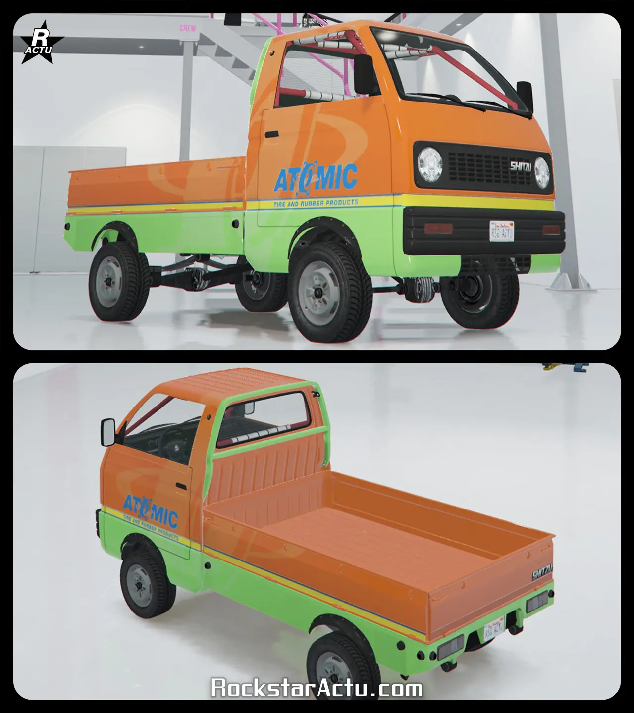 Motif « Atomic » ajoutant sur la carrosserie du véhicule Shitzu Keitora, une décalcomanie d'une fine bande jaune entourant horizontalement la carrosserie, faisant la jonction entre la couleur principale (en orange sur l'image) et le couleur secondaire (en vert sur l'image). Le logo bleu de la marque de pneumatiques Atomic est appliqué sur les portières de la camionnette de chaque côté.