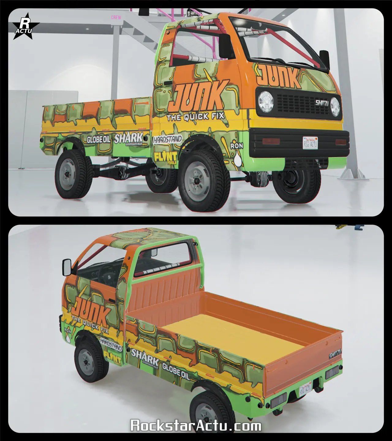 Image donnant un aperçu du motif « Carapace de tortue » lorsqu'il est appliqué en personnalisation sur le véhicule Shitzu Keitora dans le jeu GTA Online. Ce motif ajoute des décalcomanies représentant des morceaux de carapace d'une tortue verte et des logos de sponsors sont appliquées par dessus, dont celui de la boisson Junk Energy sur les portières et la face avant du bolide.