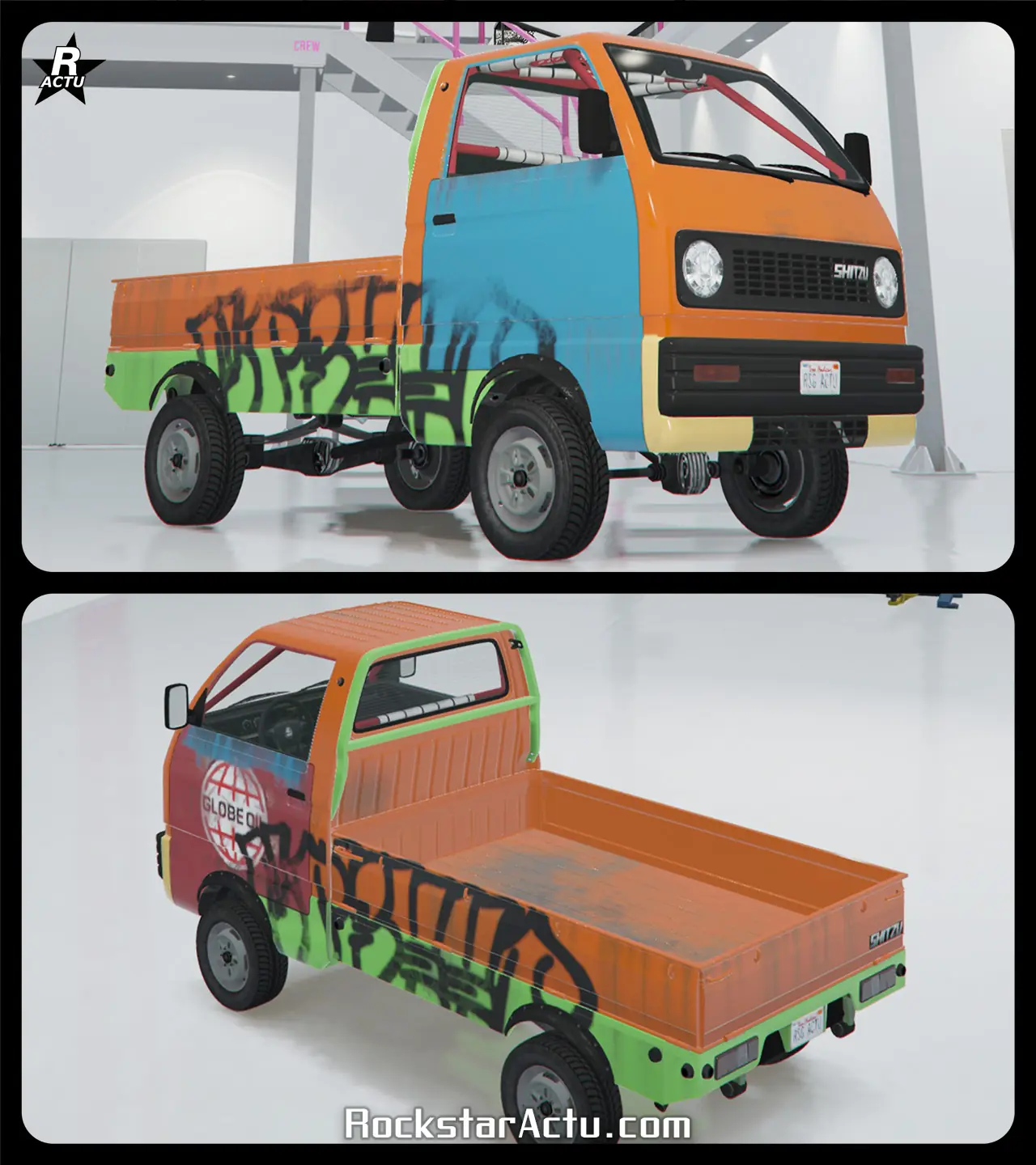 Motif « Comme neuf » appliqué sur la carrosserie du véhicule Shitzu Keitora dans le jeu vidéo GTA Online. Ce motif ajoute des décalcomanies donnant un effet vieilli à la camionnette. La porte latérale droite est recouverte d'un vinyle bleu, donnant l'impression qu'il s'agit d'une pièce de rechange qui n'est pas dans la bonne couleur. Sur la portière gauche, c'est la même chose, mais un vinyle rouge bordeau surmonté du logo « Globe Oil ». Des tags noirs recouvrent partiellement les côtés latéraux et une décalcomanie effet poussière se trouve dans le plateau arrière de la camionnette.