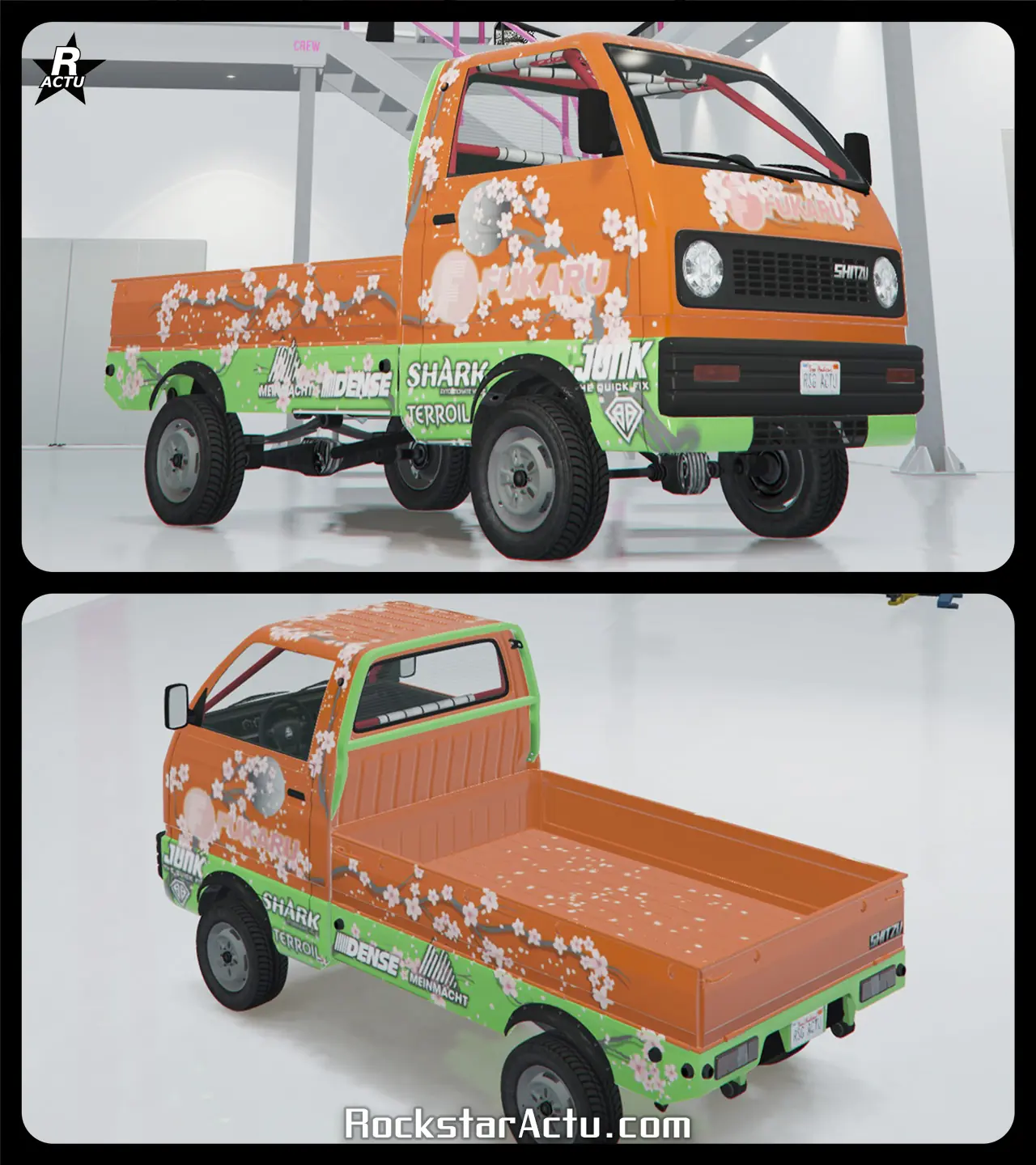 Skin de véhicule « Explosion florale » sur le bolide japonais Shitzu Keitora. Ce skin ajoute des motifs d'arbres Sakura sur toute la carrosserie, avec des pétales rose échouées dans la benne arrière de la camionnette.