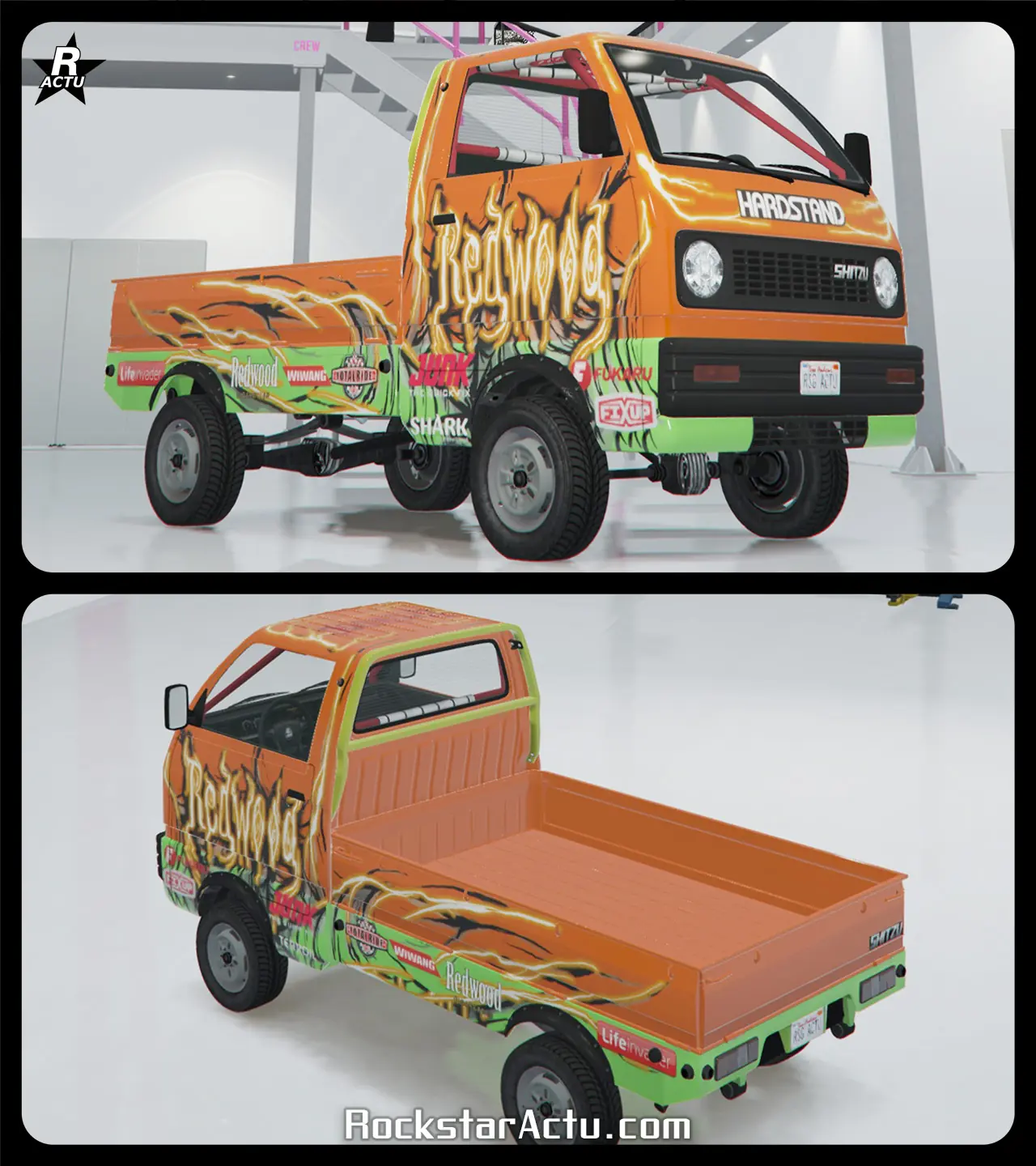 Motif de carrosserie « Redwood » ajoutant sur le véhicule Shitzu Keitora, une décalcomanie d'un grand logo « Redwood » en flammes sur les côtés latéraux de la camionnette, avec de petits logos de sponsors sur le bas de caisse.