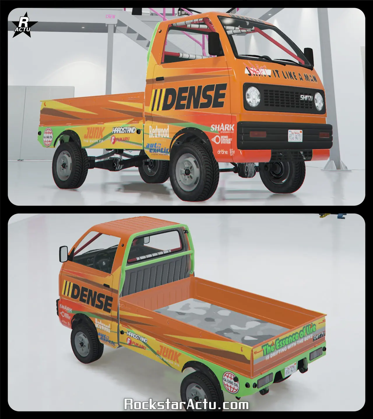 Skin de véhicule « Rue Dense » sur la carrosserie du véhicule Shitzu Keitora, ajoutant diverses décalcomanies : Des formes géométriques avec un dégradé de jaune à rouge et des autocollants de sponsors (des petits sur le bas de caisse et un grand de couleur noir, de la compagnie Dense sur les portières). Le sol de plateau arrière de la camionnette est recouvert d'un vinyle de camouflage de nuances de gris.