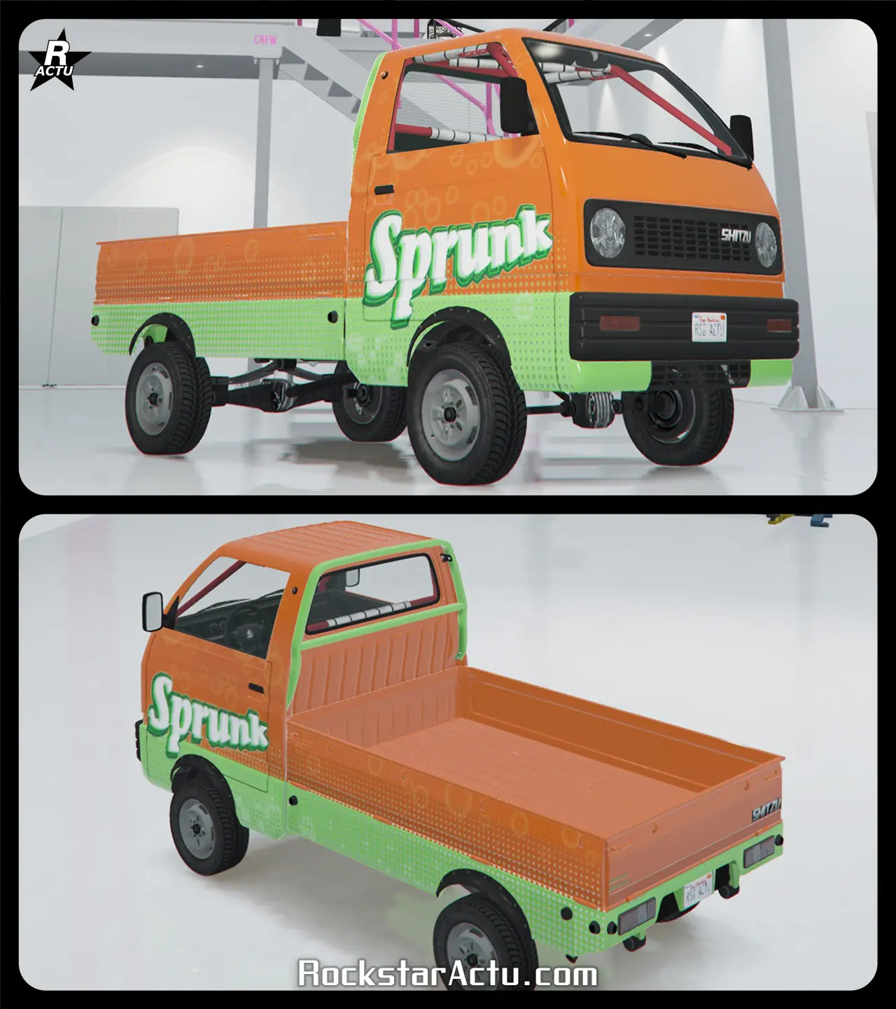 Image présentant le véhicule Shitzu Keitora dans GTA Online, avec une vue avant et une vue arrière de la camionnette japonaise, avec le motif de carrosserie « Sprunk ». Ce motif ajoute une multitude de petits points et des bulles sur le bas de caisse de la carrosserie, ainsi qu'un grand logo de la boisson gazeuse Sprunk sur les portières de parte et d'autres du bolide.