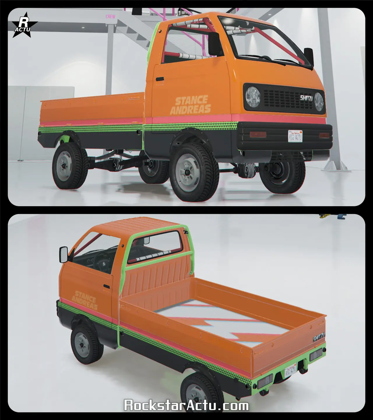 Camionnette Shitzu Keitora disposant sur sa carrosserie, le motif nommé « Stance Andreas », le skin ajoute une décalcomanie qui recouvre la partie inférieure du bas de caisse avec un vinyle gris anthracite, surmonté d'une fine bande rouge. Sur les portières latérales se trouvent un autocollant jaune « Stance Andreas » et le plateau arrière de la camionnette est partiellement recouvert de bandes blanches en diagonales.