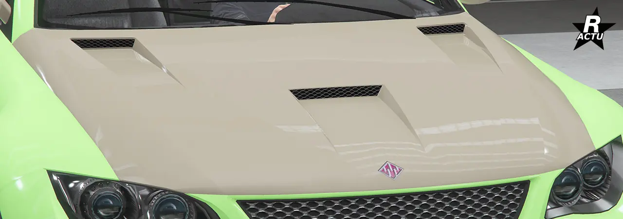 Option de personnalisation d'un capot de série peint dans la couleur secondaire avec une large ouverture d'aération moteur en supplément au centre du capot.