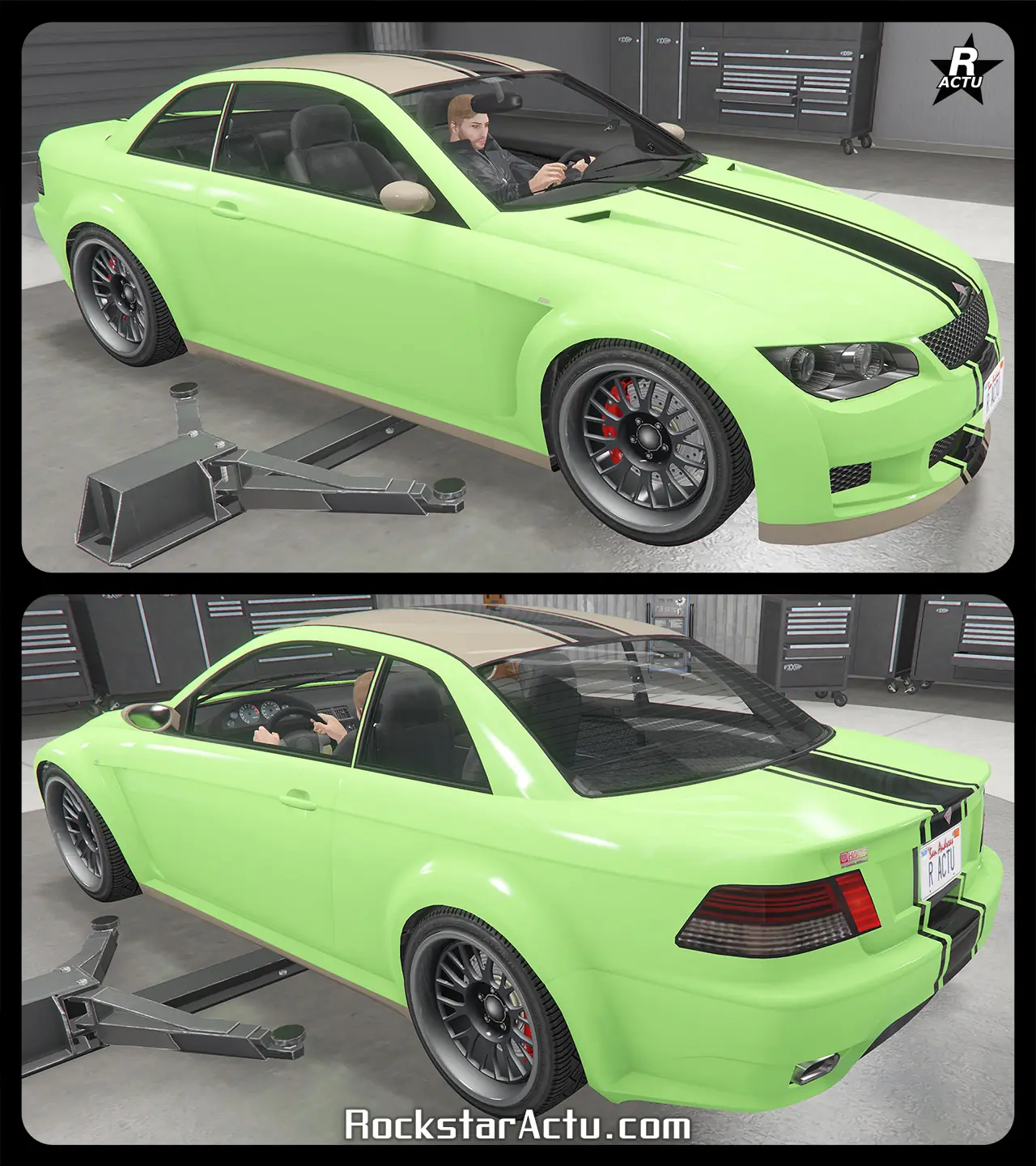 Image donnant un aperçu du motif « Bande de course noire » sur la voiture Ubermacht Sentinel XS qui ajoute une bande noire large verticale traversant le véhicule du pare-chocs avant au pare-chocs arrière au centre.