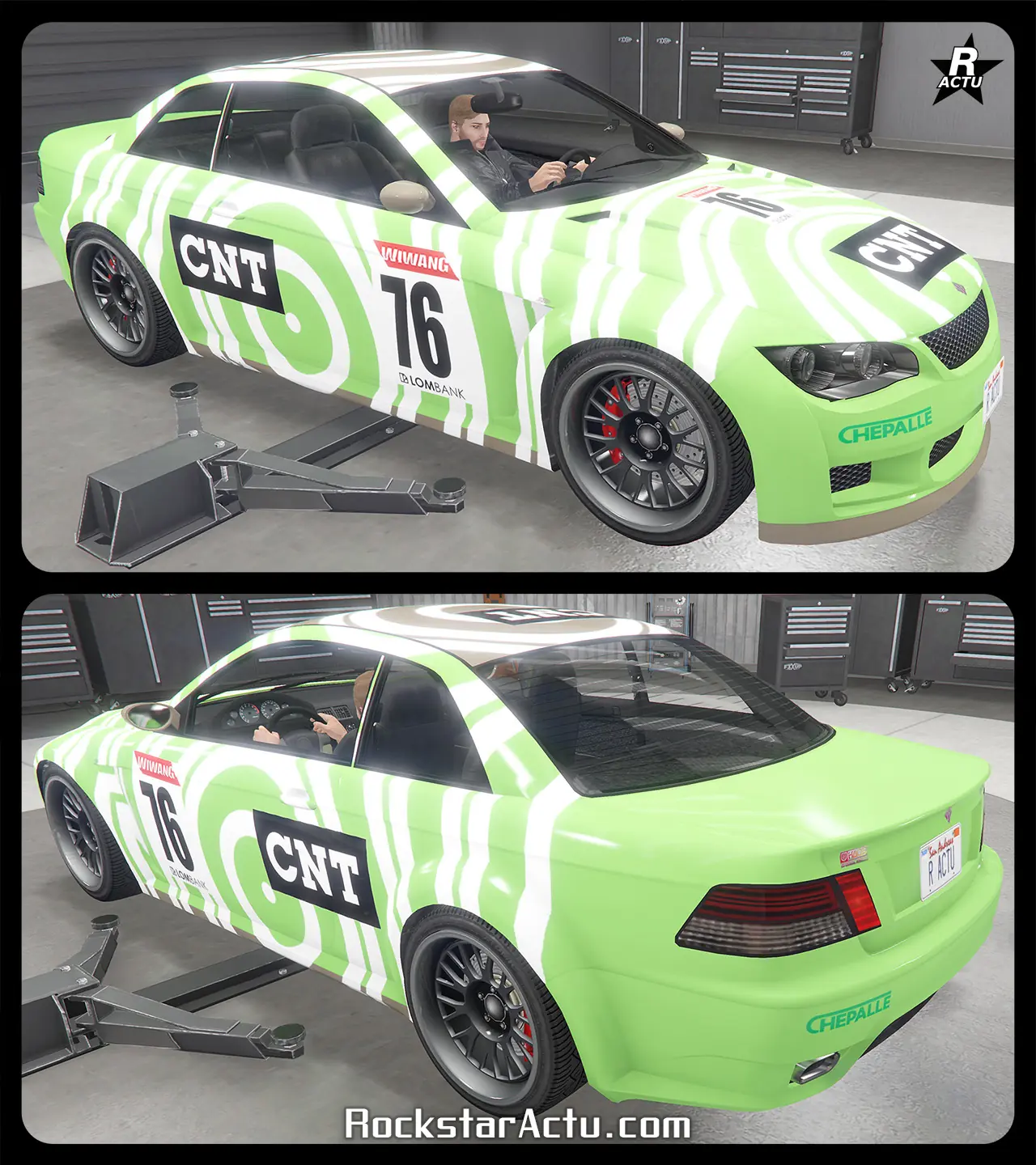 Motif « CNT » ajoutant une décalcomanie blanche représentant une onde de goute d'eau sur l'ensemble de la carrosserie de l'Ubermacht Sentinel XS. Sur les côtés latéraux, un autocollant de la chaîne TV CNT et un second autocollant de numéro de course 76 sont présents.