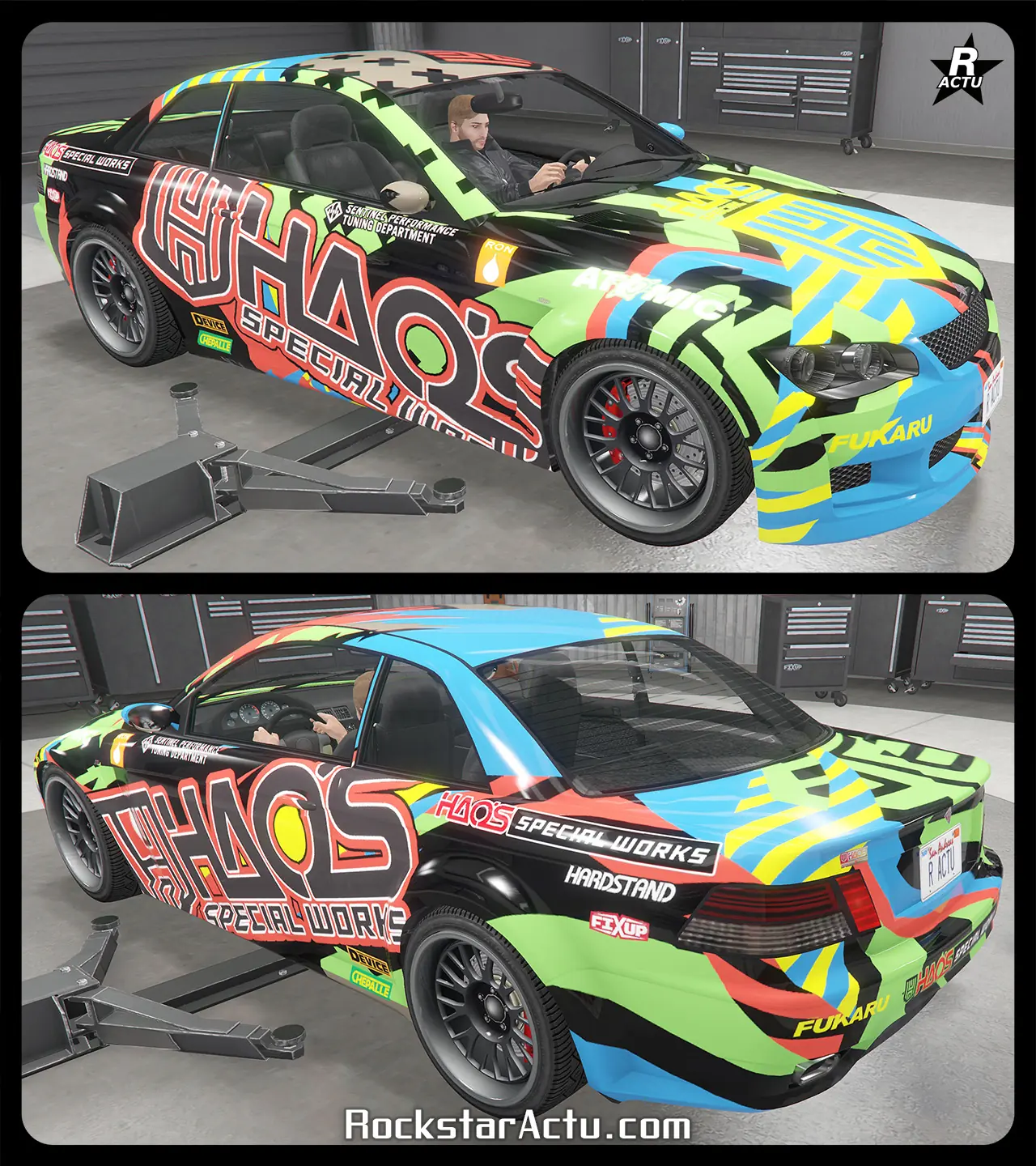 Voiture Ubermacht Sentinel XS possédant sur sa carrosserie, le motif « Course HSW » sur le véhicule. Ce skin ajoute des autocollants rouges faisant la promotion de l'atelier Hao’s Special Works.