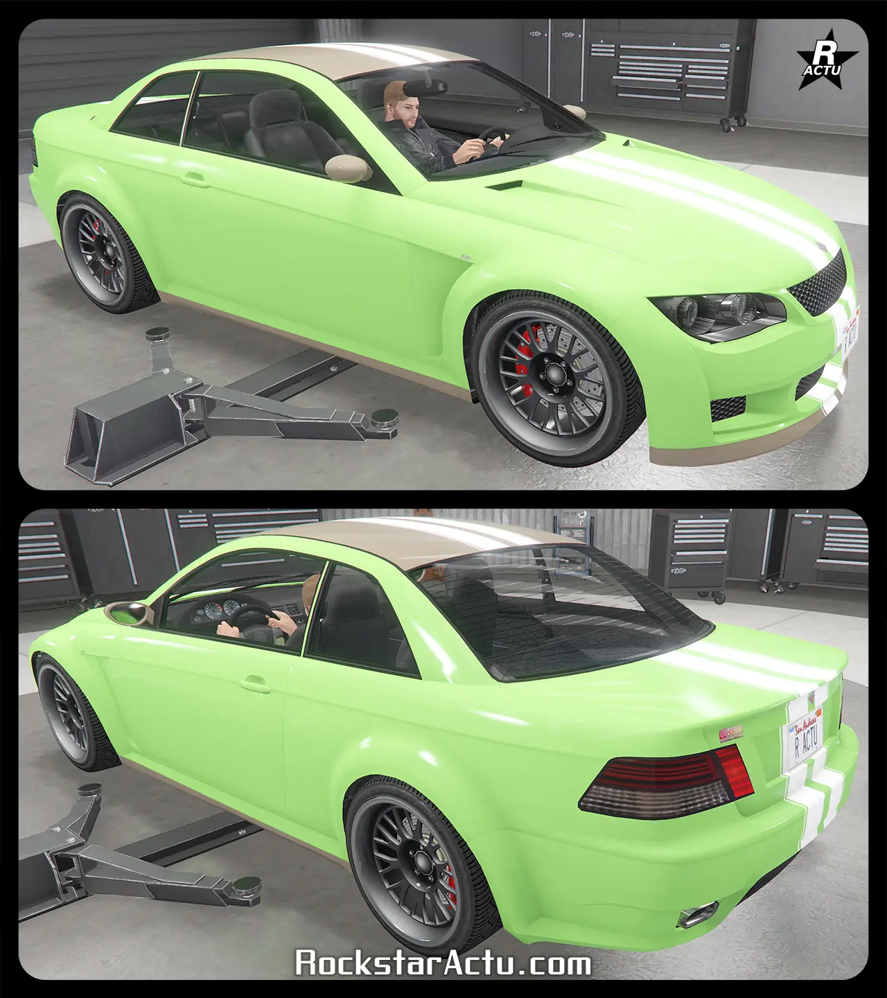 Véhicule Ubermacht Sentinel XS de GTA Online disposant du motif « Double bande de course blanche » sur sa carrosserie. Ce skin ajoute une double bande blanche qui sont parallèle et qui traverse le centre du bolide verticalement.