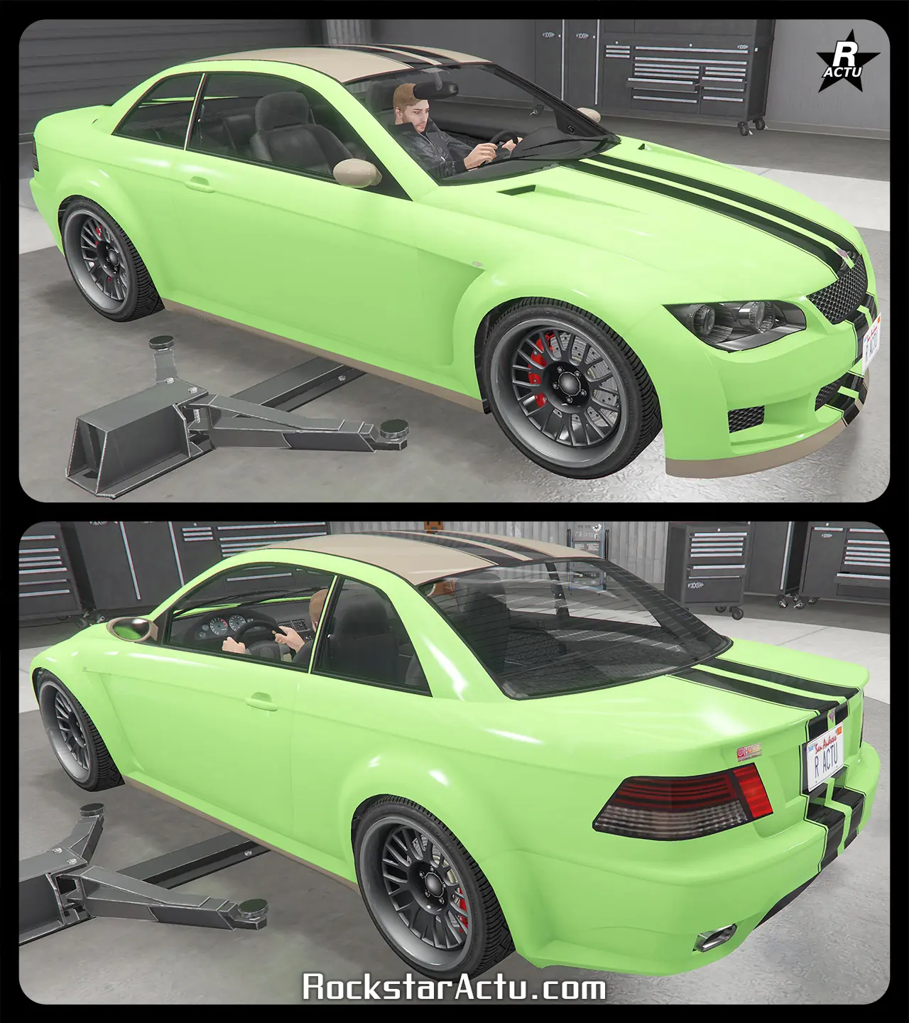 Skin « Double bande de course noire » appliqué sur la voiture Sentinel XS. Ce motif ajoute sur la carrosserie une double bande noire parallèle qui traverse verticalement le véhicule en son centre.