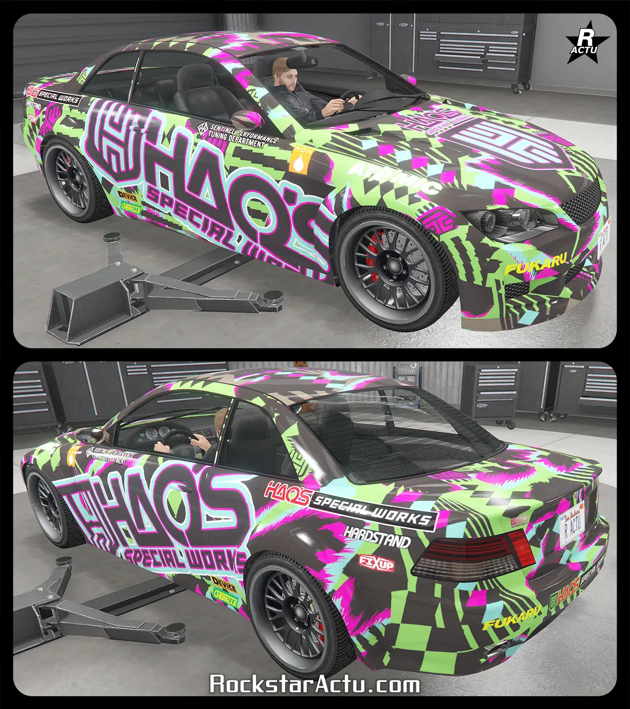 Véhicule Ubermacht Sentinel XS disposant sur sa carrosserie, le skin se nommant «Élite HSW ». Ce motif ajoute des décalcomanies mauves faisant la promo de l'atelier HSW, où son nom apparaît à plusieurs endroits sur la voiture.