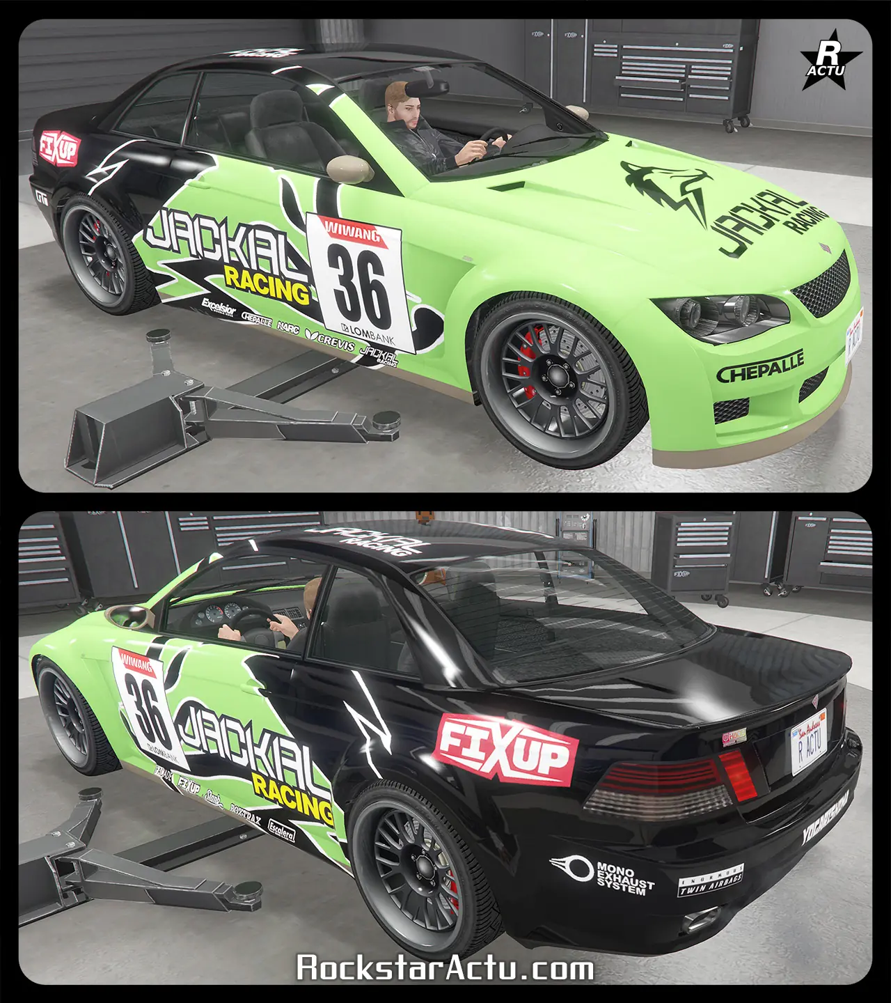 Motif se nommant « Jackal Racing » sur la carrosserie du bolide Ubermacht Sentinel XS. Ce skin ajoute un grand vinyle noir qui recouvre l'arrière du véhicule. Sur le capot et les portières, le logo Jackal Racing est présent.