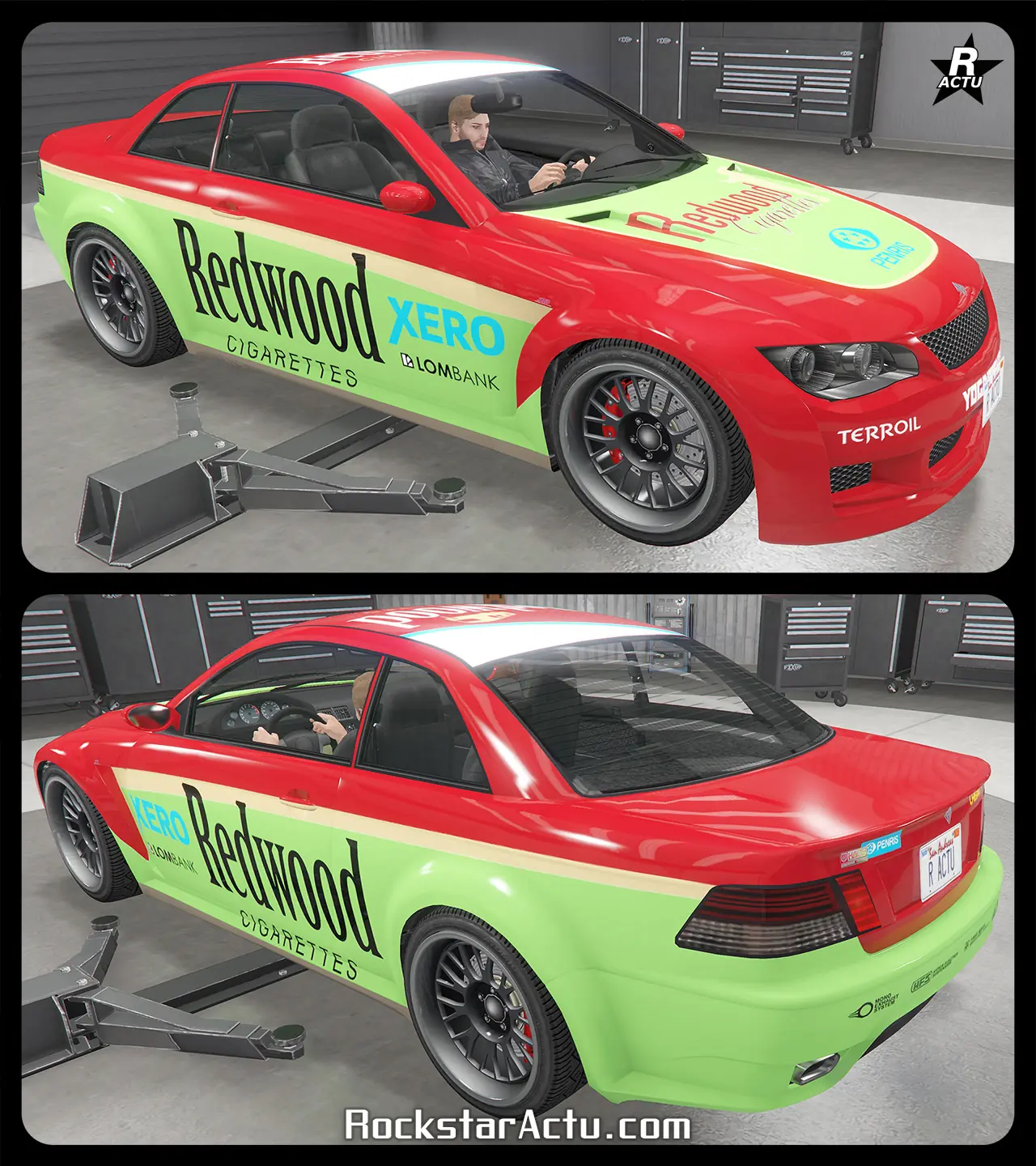 Option de motif de véhicule « Redwood Cigarettes » sur la carrosserie de l'Ubermacht Sentinel XS. Ce skin recouvre une grande partie du bolide avec un vinyle rouge et ajoute le logo de l'entreprise Redwood sur les portières latérales et sur le capot.