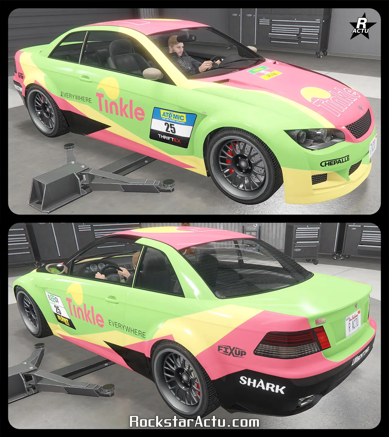 Motif de véhicule « Tinkle » appliqué sur l'Ubermacht Sentinel XS. Le skin ajoute des bandes jaunes et rouges sur les côtés arrière de la carrosserie et un vinyle rouge recouvrant le toit de la voiture. Sur les portières et le capot, le logo de la compagnie de téléphone Tinkle est présent.