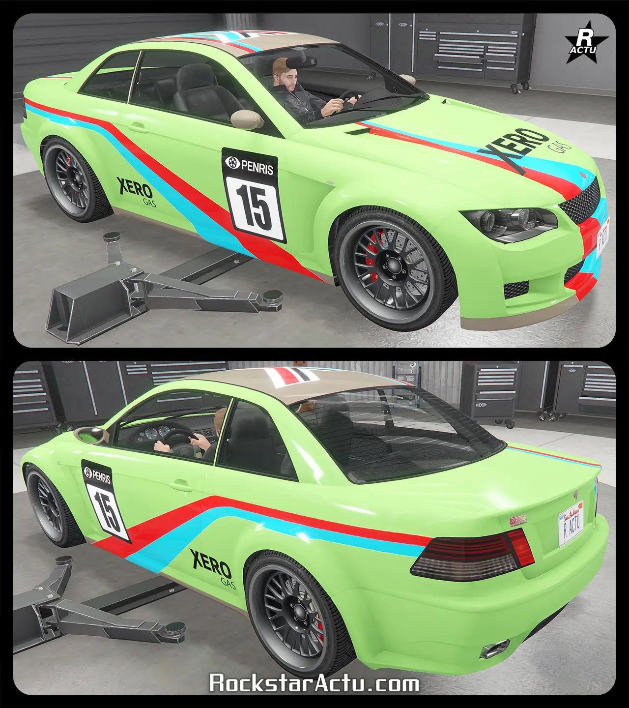 Skin « Xero Gas » ajoutant sur la voiture Ubermacht Sentinel XS, une décalcomanie d'une bande rouge, bleu et bleu clair style BMW, sur le capot et les côtés latéraux du véhicule. Le logo noir de la compagnie Xero Gas apparaît sur le capot et le numéro de course automobile 15 sur les portières.