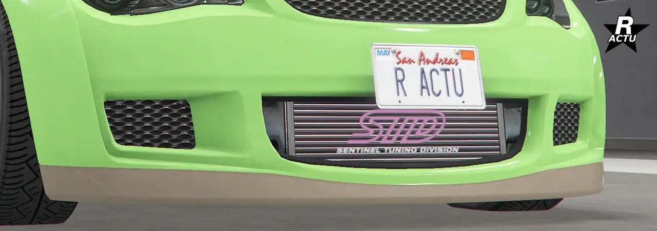 Pare-chocs avant de série avec ouverture laissant apparaître le radiateur du moteur avec le sigle « Sentinel Tuning Division » dessus.