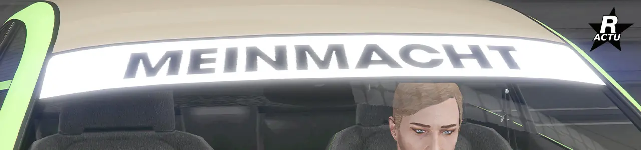 Vue rapprochée du pare-brise avant où l'option d'un pare-soleil blanc recouvre le haut du pare-brise et dispose de l'inscription "Meinmacht" en noir dessus.