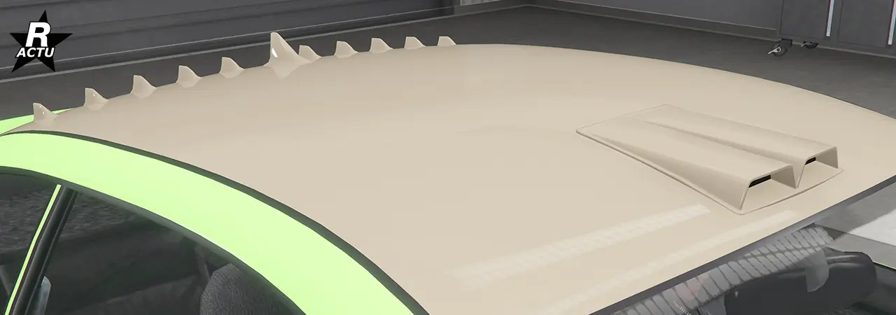 Toit couleur secondaire avec le « Kit d'ailettes complet » équipé et en supplément, une double prise d'air à l'avant du toit à son centre.