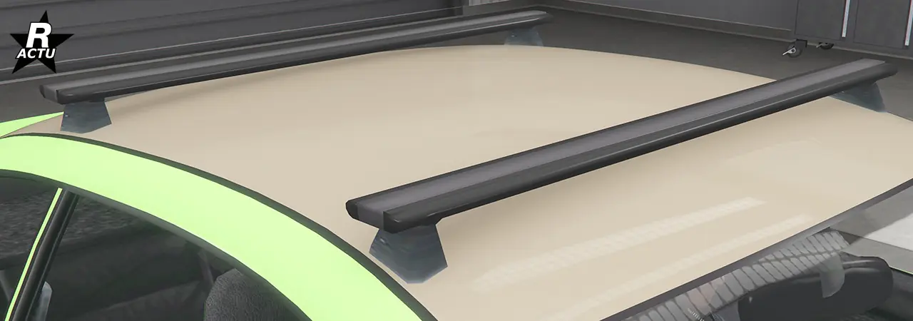 Toit de série lisse et peint dans la couleur secondaire, avec deux traverses noires horizontales formant une galerie de toit sur le véhicule allemand.