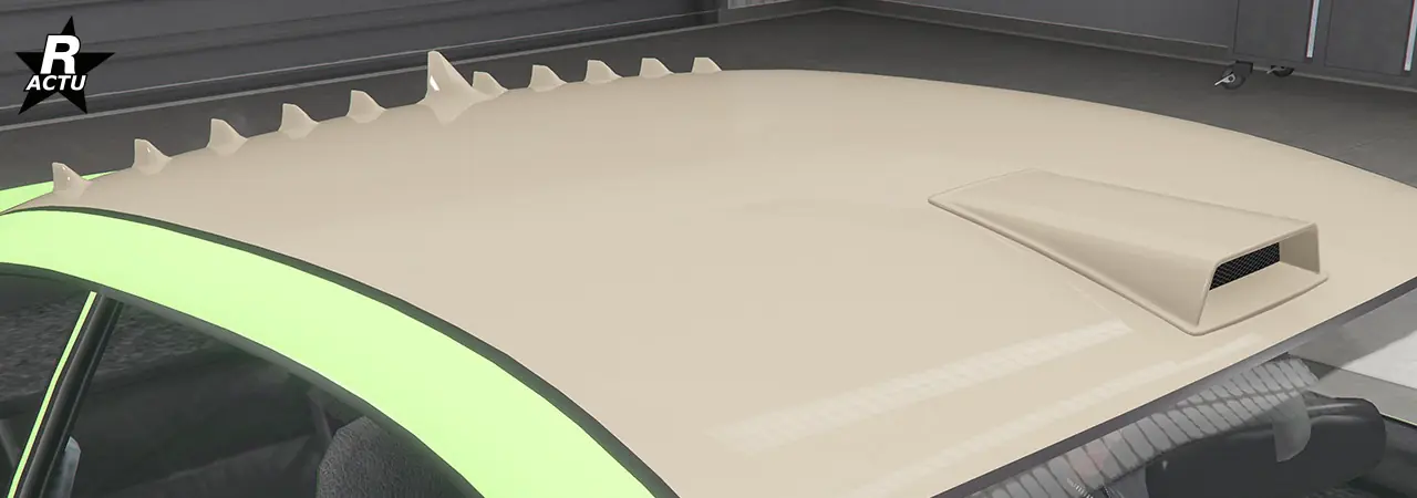 Toit peint dans la couleur secondaire avec le « Kit d'ailettes complet » et une prise d'air à l'avant du toit, au centre, avec une fente rectangulaire large.