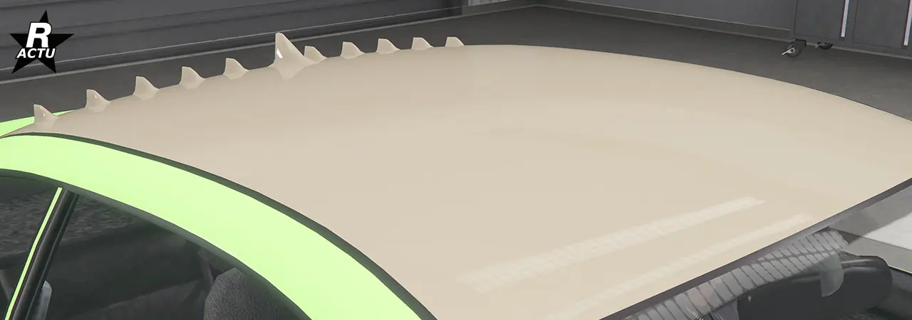 Option de custom de toit peint dans la couleur secondaire du véhicule, avec un grande aile sortant du toit à l'arrière au centre de celui-ci, avec un alignement horizontale de plus petites ailettes de parte et d'autres de la grande aile.