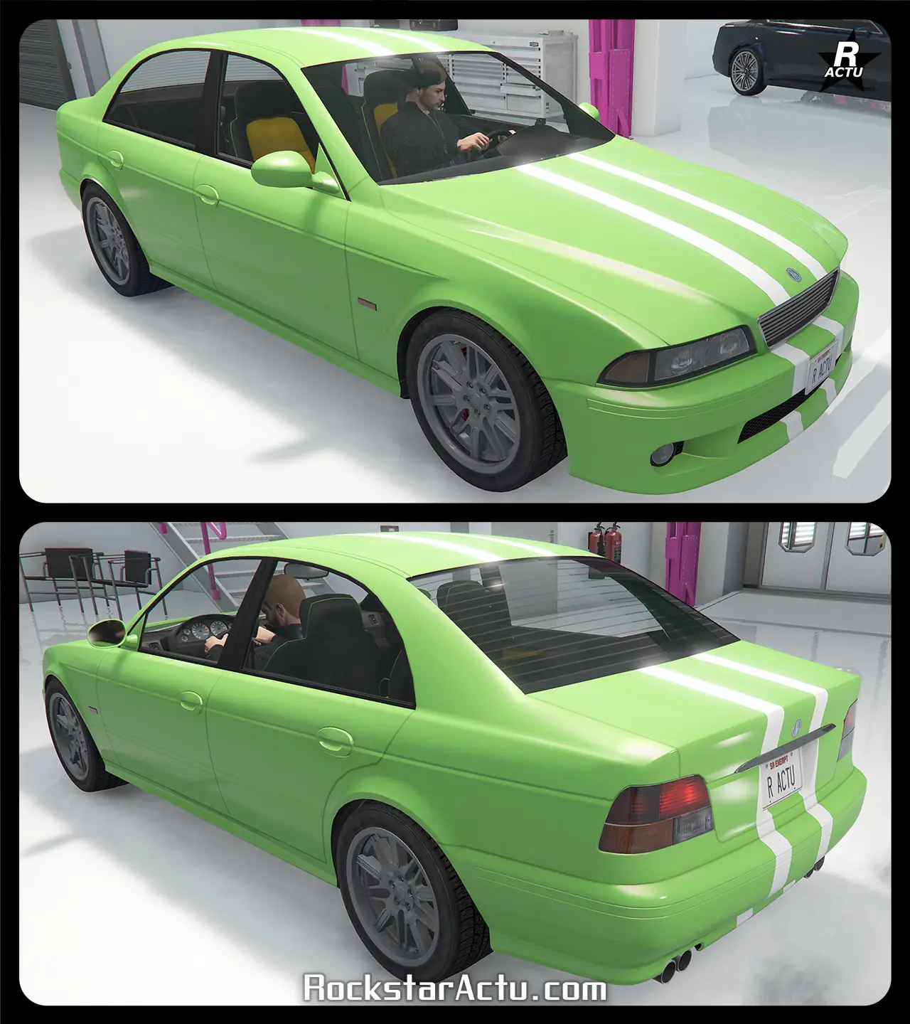 Vinyle d'une double bande blanche fine, traversant verticalement la carrosserie du bolide.