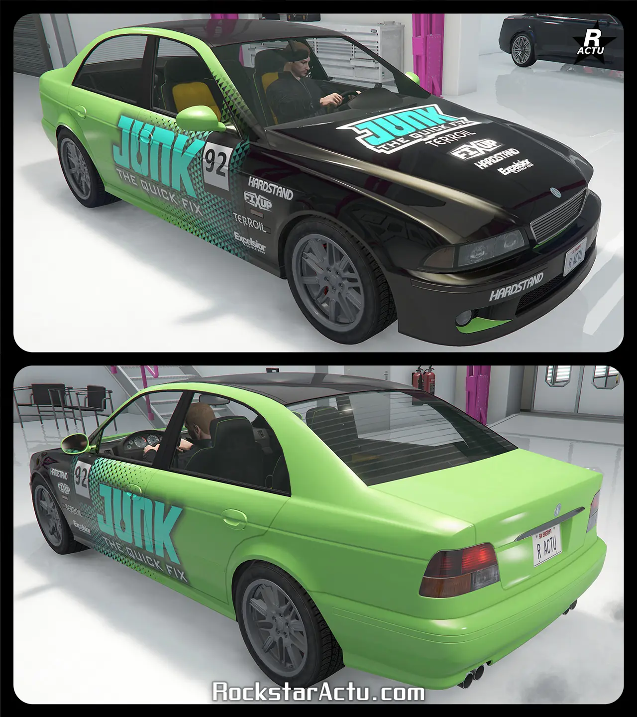 Motif recouvrant la partie avant de la carrosserie avec un vinyle noir et ajoutant des autocollants de la boisson Junk Energy sur les portières latérales et le capot.