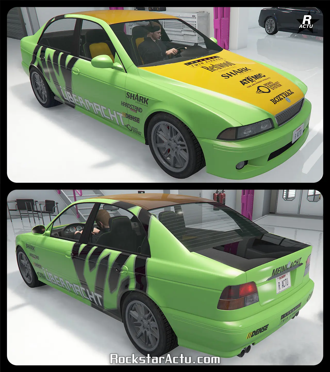 Motif recouvrant le toit, le coffre et le capot de la berline avec un vinyle d'une nuance d'orange au noir. Le capot possède des autocollants de sponsors de courses automobiles, incluant des marques telles que "Shark", "Atomic" et "Redwood". Sur les côtés latéraux se trouvent le logo géant du constructeur de la Sentinel XS4, "Übermacht", ainsi qu'une décalcomanie ajoutant son nom en lettres blanches au niveau du bas de caisse de la carrosserie.