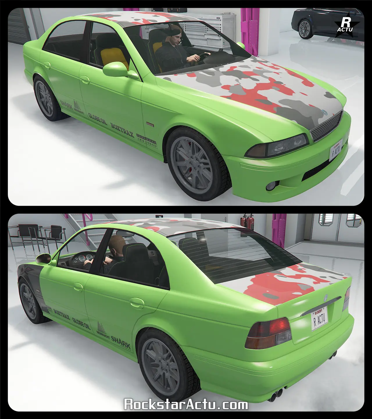 Motif recouvrant intégralement le capot, le toit et le coffre du bolide, avec un camouflage militaire de type urbain, de couleurs rouge, gris et blanc.