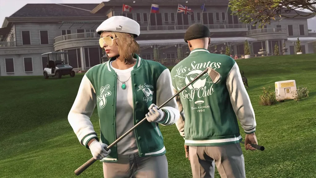 Deux joueurs de GTA Online, l'un de face et l'autre de dos, portant la veste "Teddy club de golf LS" sur le green du club de golf de Los Santos.