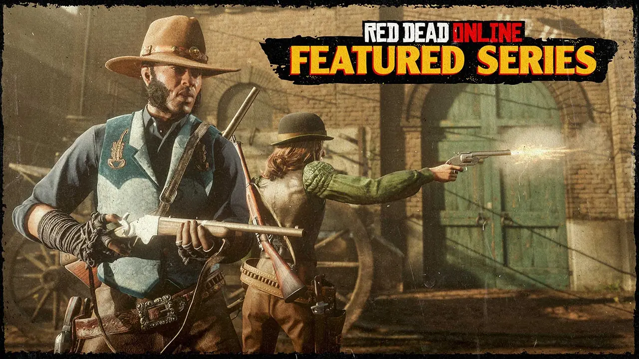 Deux joueurs de Red Dead Online, l'un avec un fusil et l'autre avec un révolver dans une activité à la une se déroulant dans la ville de Saint-Denis.