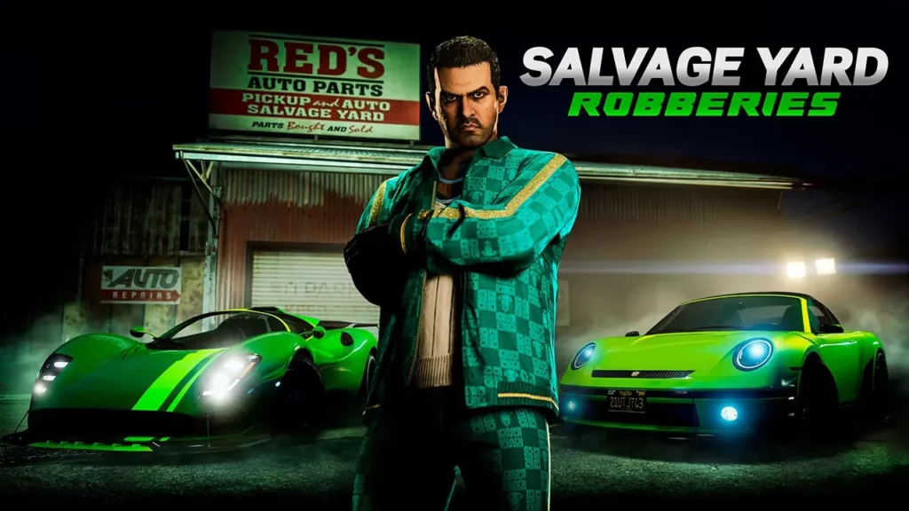 Le protagoniste Jamal Amir posant fièrement devant les voitures Pfister Comet S2 Cabrio et Lampadati Tigon qui sont à dérober lors de contrat de vol du business de la casse automobile cette semaine dans GTA Online.