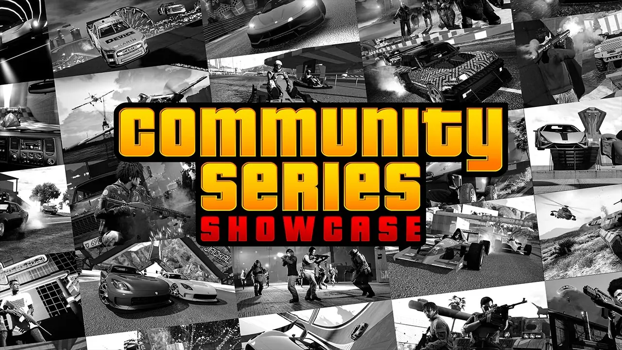 Assemblage de plusieurs images en noir et blanc provenant de diverses activités communautaires, avec le logo "Community Series Showcase" par-dessus.