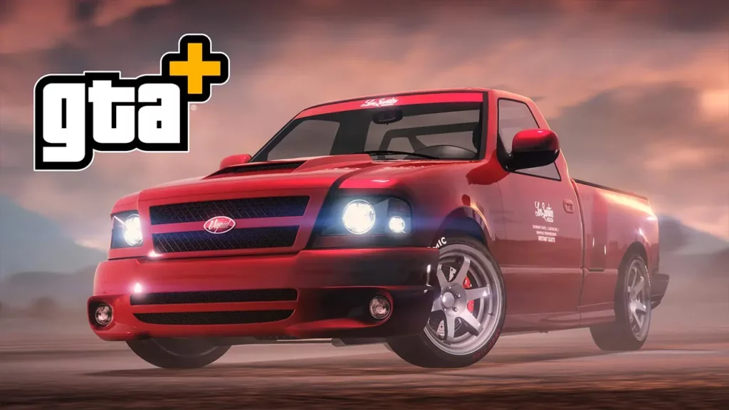 Vue avant de la voiture Vapid Firebolt ASP peinte en rouge dans le jeu vidéo GTA Online. Le logo de l'abonnement GTA+ apparaît également sur l'image, en lien avec les avantages GTA+ du mois de mars 2026 où le véhicule est récupérable gratuitement.