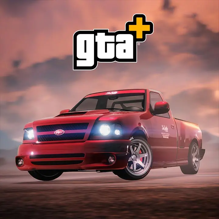 Vue avant de la voiture Vapid Firebolt ASP peinte en rouge dans le jeu vidéo GTA Online. Le logo de l'abonnement GTA+ apparaît également sur l'image, en lien avec les avantages GTA+ du mois de mars 2026 où le véhicule est récupérable gratuitement.