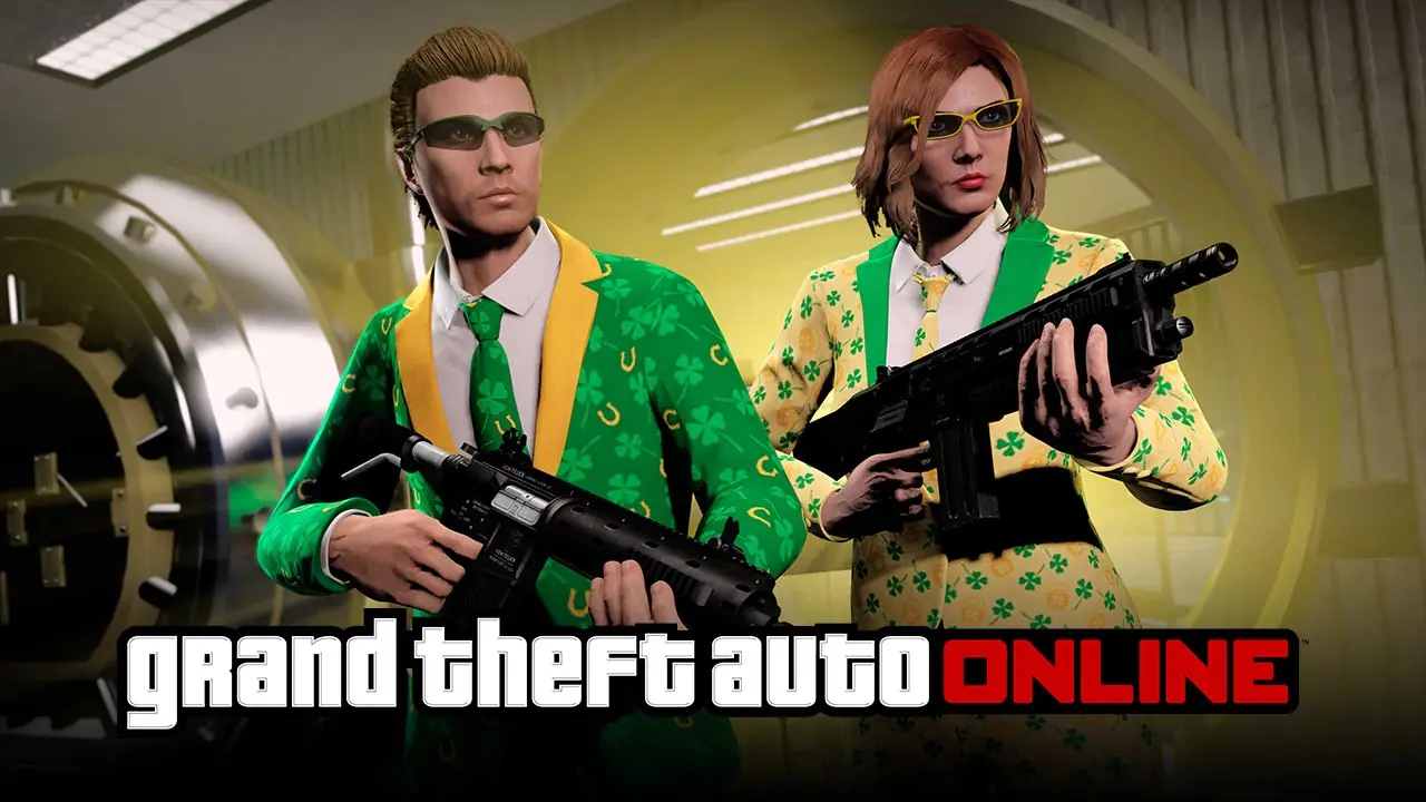 Deux joueurs de GTA Online dans le sous-sol d'une villa, portant les tenues exclusives de la Saint-Patrick.