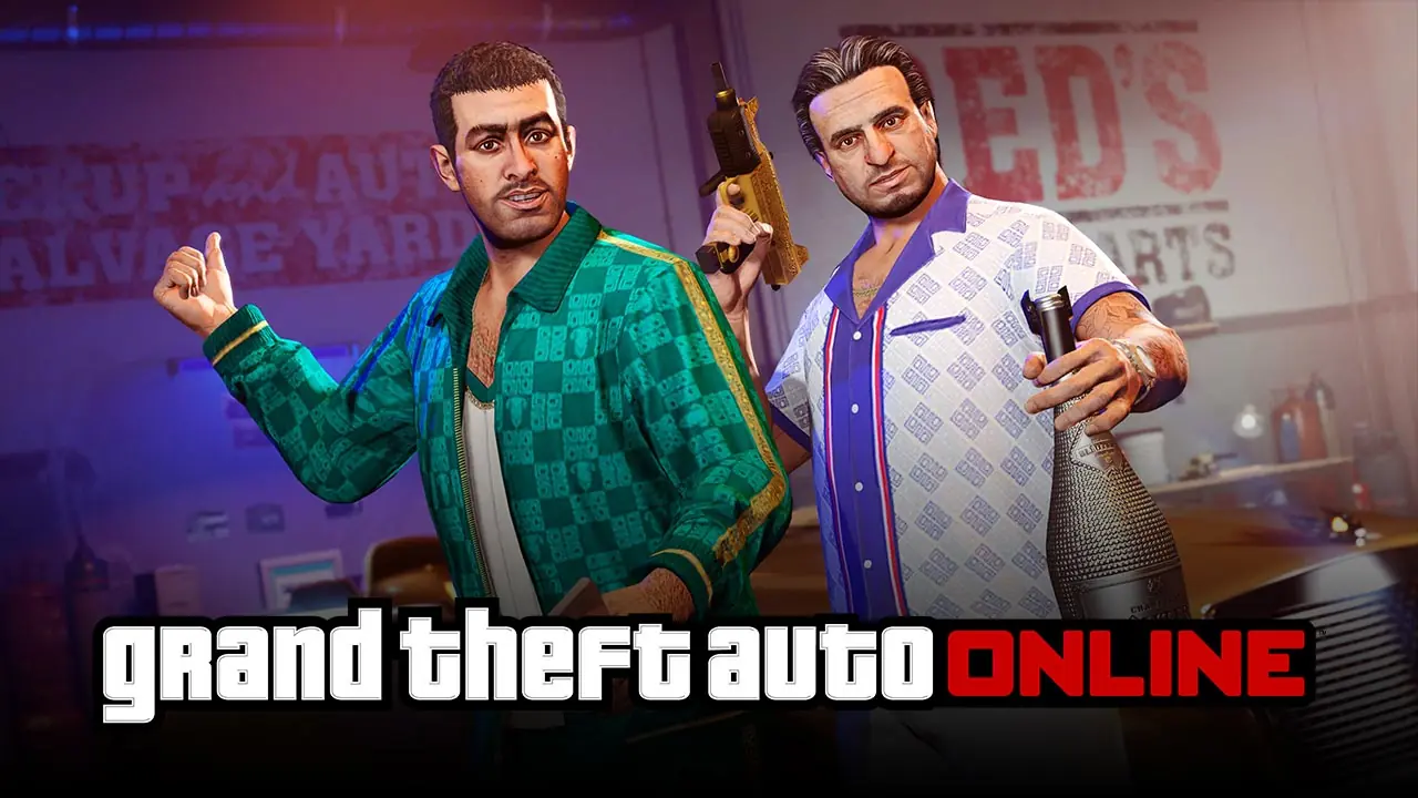 Les personnages Yusuf Amir et son cousin Jamal Amir dans la casse auto d'un joueur de GTA Online, l'accueillant avec une bouteille de champagne lors de bonus de la semaine dans ce business.